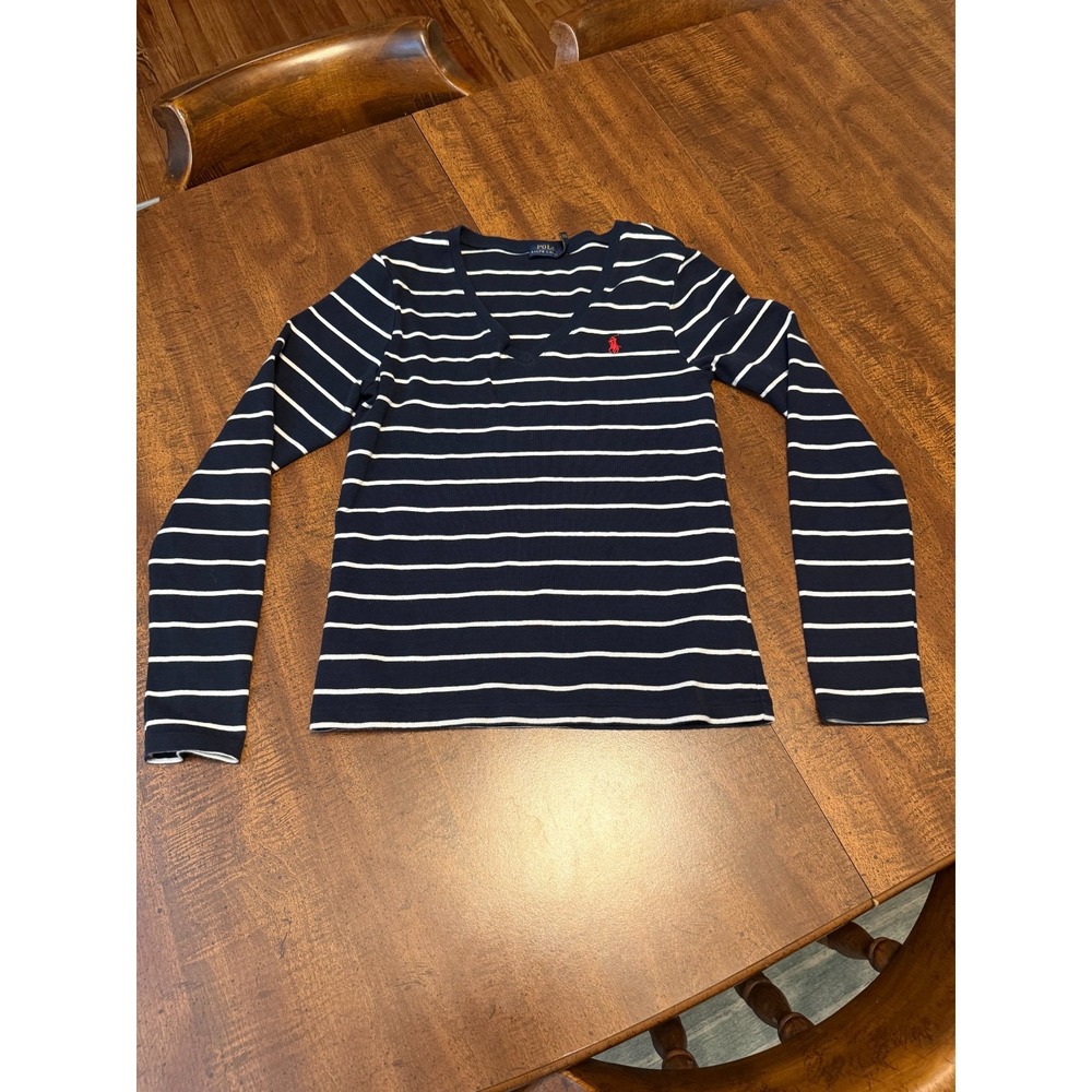 Polo Ralph Lauren Womens XL Navy White Striped V Neck Long Sleeve Red Pony